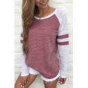 Classic Womens T-Shirt Round Collar Contrast Panel Relaxed Fit Long Sleeve Tee Top