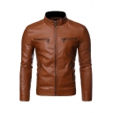 Vintage Guys Jacket Whole Colored Pocket Zip Front Stand Collar Pleated Leather Jacket