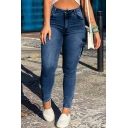 Casual Womens Skinny Jeans Mid Waist Zip Fly Dash Wash Zipper Detail Jeans with Flap Pockets