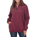 Classic Sweatshirt Plain Stand Neck Long Sleeve Fitted 1/2 Zipper Sweatshirt for Girls