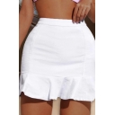 Classic Womens Denim Skirt Pure Color Ruffles Hem Mini Bodycon Skirt