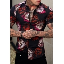 Leisure Shirt Floral Pattern Stand Collar Short-Sleeved Slim Fitted Button Shirt for Men