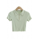 Stylish Ladies Crop Polo Shirt Spread Collar Pure Color Short Sleeve Knitted Polo Shirt with Ruffles