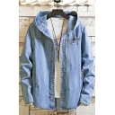 Urban Mens Jacket Whole Colored Pocket Long Sleeves Hooded Relaxed Button Fly Denim Jacket