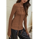 Vintage Womens Knit Top V Neck Solid Color Lace-Up Long Sleeve Slim Fit Cable Knit Top