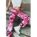 Retro Tapered Pants Zipper Up Camouflage Print High Waist Regular Fit Cargo Pants for Women