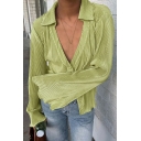 Stylish Womens Shirt Plain Deep V-Neck Button Closure Flare Sleeve Shirt with Ruffles