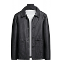 Modern Mens Leather Jacket Spread Collar Pocket Detail Button Closure Fitted Leather Jacket