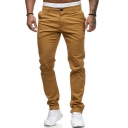 Men Street Look Pants Pure Color Pocket Mid Rise Button Closure Long Length Slimming Pants