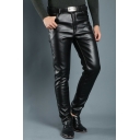 Soft Leather Pants Solid Pocket Slim Fit Long Length Zip Closure Leather Pants for Guys