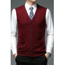 Basic Sweater Vest Plain V-Neck Button Closure Regular Fit Knitted Vest for Men