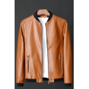 Modern Mens Leather Jacket Stand Collar Pocket Detail Zip Closure Fitted Leather Jacket