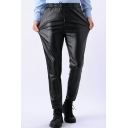 Guys Chic Leather Pants Solid Drawstring Waist Regular Full Length Pocket Leather Pants