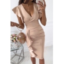 Leisure Solid Color Dress Ruffles Detail Deep V-Neck Cap Sleeve Slim Fitted Midi Dress for Women