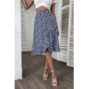 Vintage Floral Print Skirt A-Line High Waist Midi Skirt for Women