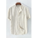 Mens Classic Shirt Plain Round Collar Short-Sleeved Relaxed Button Placket Shirt