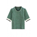Vintage Womens Knit Top Round Collar Plaid Pattern Half Sleeve Loose Fit Knit Sleeve in Green