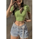 Hot Womens Knit Tee Top V Neck Short Sleeve Slim Fit Cropped Knit Top in Green