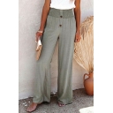 Casual Ladies Pants Solid Linen Elastic Waist Shirred Button Mid Rise Straight Wide Leg Pants