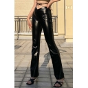Street Look Girls Pants Solid PU Leather Tied High Waist Straight Bootcut Pants