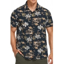Stylish Mens Shirt Tree Pattern Turn Down Collar Single Breasted Short Sleeve Shirt