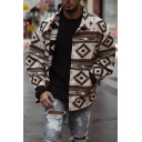 Guys Chic Jacket Tribal Pattern Spread Collar Button Front Side Pocket Baggy Jacket
