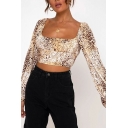 Vintage Ladies Tee Top Leopard Print Square Neck Puff Sleeve Cropped T-Shirt