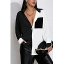 Fancy Womens Shirt Color Block Spread Collar Button Closure Long Sleeve Loose Fit Shirt