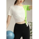 Modern Womens T-Shirt Contrast Color Crew Neck Short Sleeve Bow Cropped Yoga T-Shirt