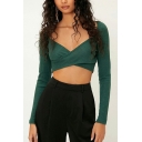 Hot Womens Crop Knit Top Solid Color Sweetheart Neck Criss Cross Slim Fit Long Sleeve Knit Top