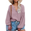 Retro Womens Shirt V Neck Solid Color Button Detail Puff Sleeve Oversized Shirt