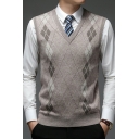 Modern Sweater Vest Diamond Pattern V-Neck Regular Fit Knitted Vest for Men