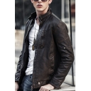 Modern Plain Mens Jacket Pocket Detail Stand Collar Zip Closure Fitted Leather Jacket