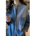 Vintage Womens Shirt Color Block Turn-Down Collar Single Breasted Long Sleeve Denim Shirt