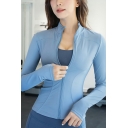 Leisure Womens Gym Jacket Solid Color Stand Collar Zipper Closure Long Sleeve Slim Fit Yoga Jacket