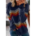 Casual Girls Sweatshirt Stripe Pattern Long Sleeve Regular Fitted Round Collar Sweatshirt