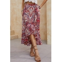 Retro Ladies Asymmetrical Skirt Paisley Pattern High Low Wrap Skirt