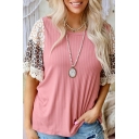 Fashionable Womens T-Shirt Leopard Patchwork Round Neck Half Sleeve Lace T-Shirt