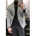 Guys Dashing Blazer Plaid Printed Long Sleeve Slim Lapel Collar Button Down Suit Blazer