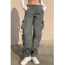 Street Look Girls Pants Solid Drawstring Waist High Rise Flap Pockets Cuffed Straight Tapered Pants