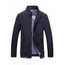 Fancy Guys Jacket Solid Color Zip Fly Front Pocket Stand Collar Fitted Jacket