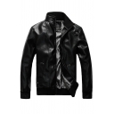 Men's Modern Leather Jacket Stand Collar Pocket Detail Zip Closure Regular Fit Leather Jacket