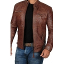 Men Leisure Jacket Pure Color Stand Collar Long-Sleeved Regular Zip Placket Leather Jacket