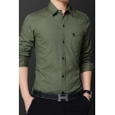 Vintage Shirt Solid Turn-down Collar Slim Chest Pocket Long Sleeve Button Shirt for Guys