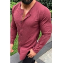 Hot Guys Shirt Solid Color Round Collar Long-Sleeved Slim Fit Button Placket Shirt