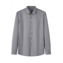 Leisure Shirt Plain Long Sleeve Point Collar Relaxed Curved Hem Button down Shirt for Men