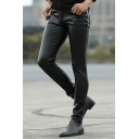 Simple Mens Pants Plain Zip Placket PU Leather Mid Rise Full Length Skinny Fit Pants in Black