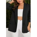 Trendy Ladies Blazers Solid Lapel Collar Open-Front Flap Pockets Long Sleeve Short Blazers