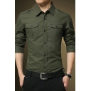 Stylish Mens Shirt Plain Turn-Down Collar Single Breasted Chest Pockets Epaulet Design Long Sleeve Shirt