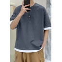 Men's Comfortable T-Shirt Fake Two Piece Color Block Half Sleeve Round Neck Loose Fit T-Shirt